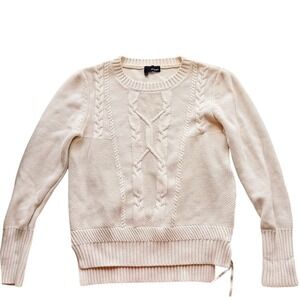 The Kooples Women Side Zip Cable Knit Sweater L‎ Cream Wool Cotton Cottagecore